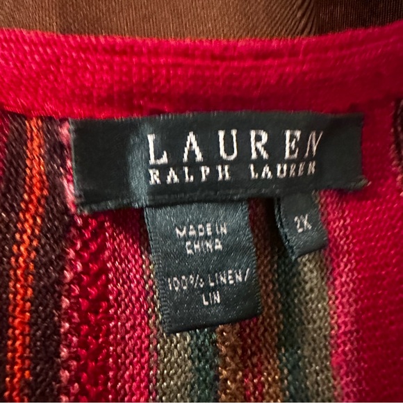 Lauren Ralph Lauren Linen Madras Stripe Faux Wrap Top Red Green Brown Size 2X - Picture 2 of 3